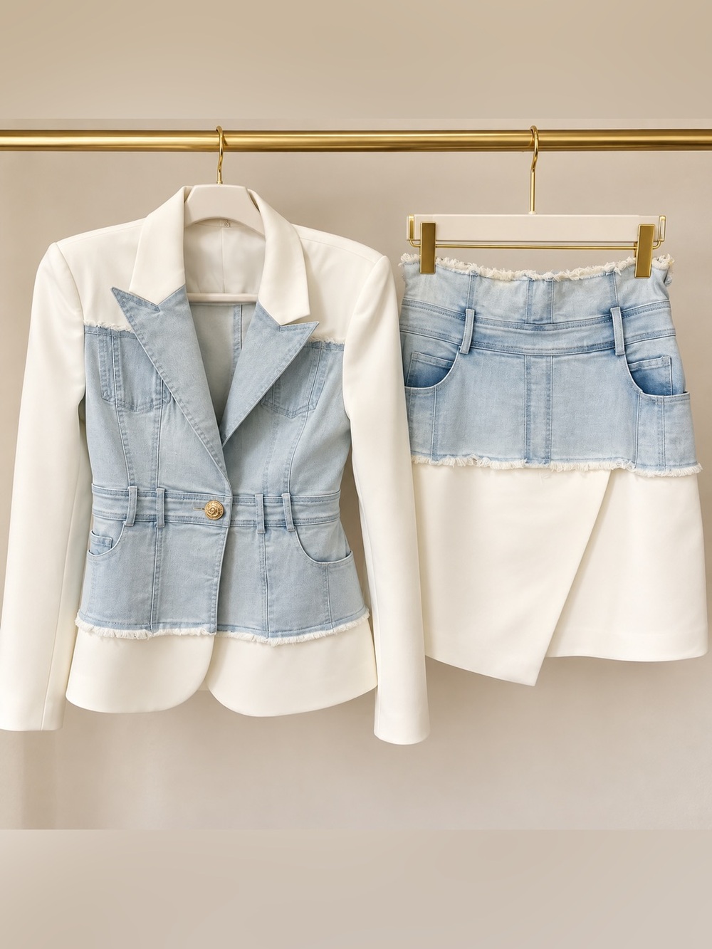 Balmain Inspired White & Denim Blazer Skirt Set | Fits US 4